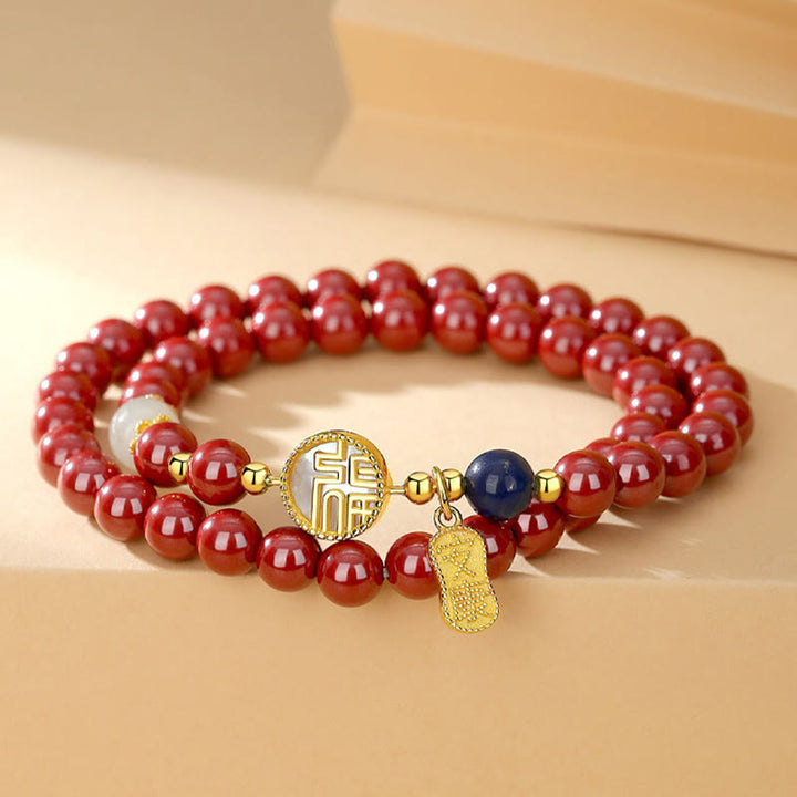 Buddha Stones 925 Sterling Silver Cinnabar Tridacna Stone Fu Character Double Wrap Blessing Bracelet