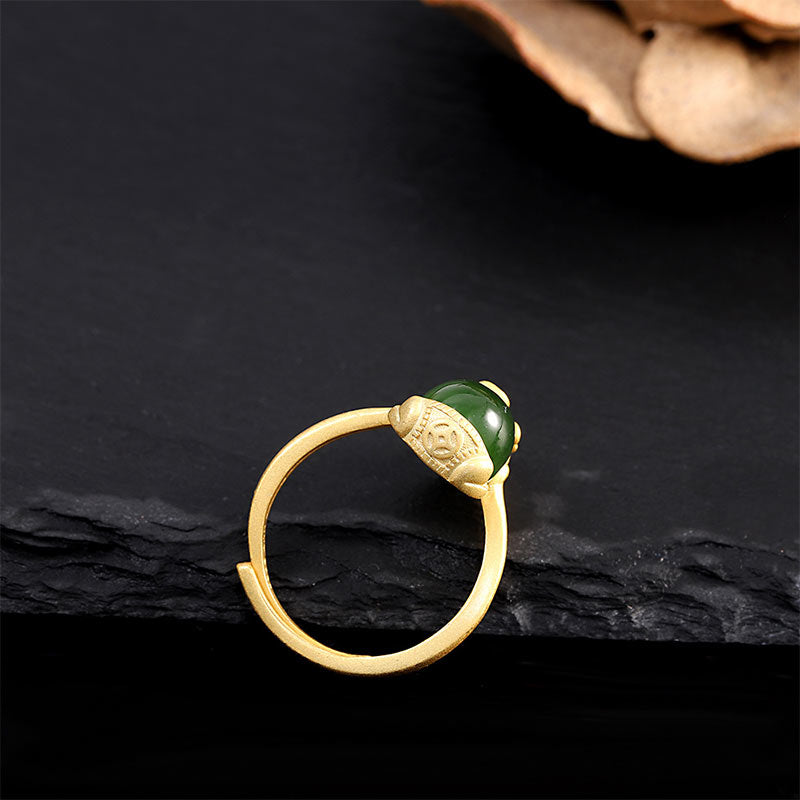 Buddha Stones 18k Gold-plated Pixiu Jade Wealth Ring