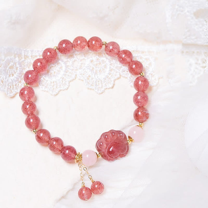 Buddha Stones Natural Strawberry Quartz Pink Crystal Lucky Cat Paw Love Bracelet