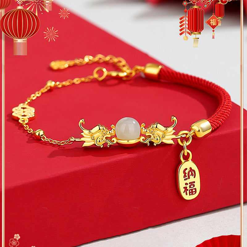 Buddha Stones Year of the Dragon 925 Sterling Silver Hetian Jade Attract Fortune Fu Character Luck Bracelet