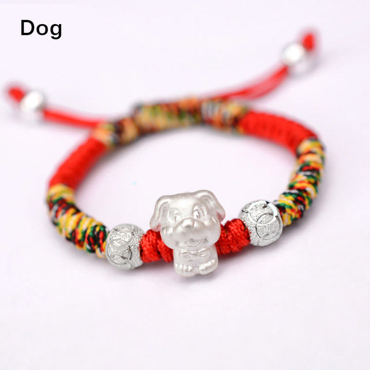 Buddha Stones 999 Sterling Silver Chinese Zodiac Red Rope Luck Handcrafted Kids Bracelet