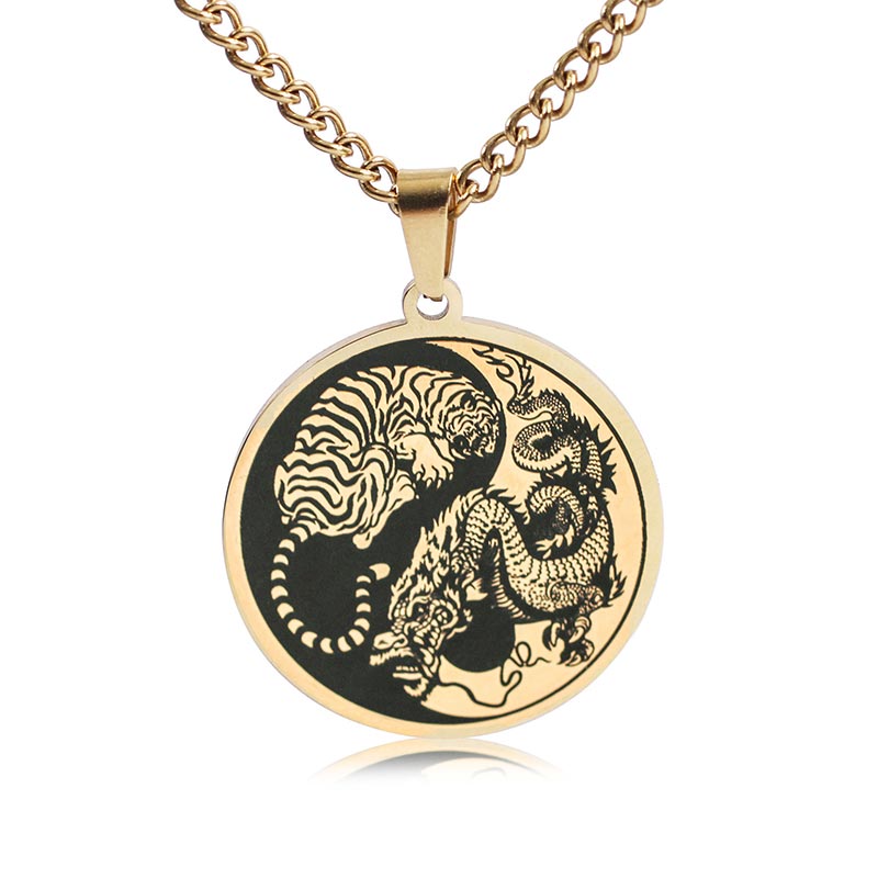 Buddha Stones Tiger Dragon Titanium Steel Chain Necklace Harmony Pendant