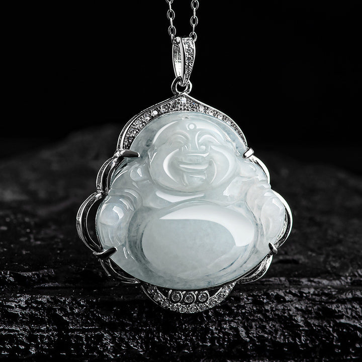 Buddha Stones 925 Sterling Silver Laughing Buddha Natural Jade Abundance Necklace Pendant