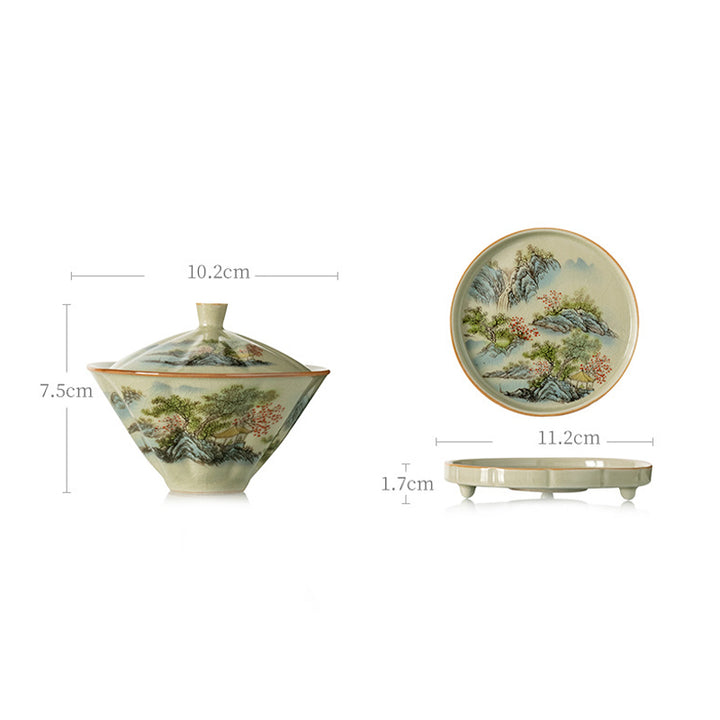 Buddha Stones Pine Mountain Forest Landscape Ceramic Gaiwan Sancai Teacup Kung Fu Tea Cup And Saucer With Lid