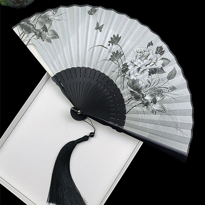 Buddha Stones Vintage Bamboo Peony Butterfly Lotus Handheld Silk Folding Fan With Bamboo Frames