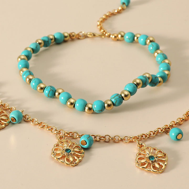 2Pcs Turquoise Stone Flower Protection Bracelet Anklet