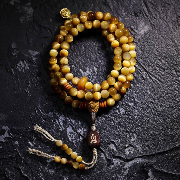 Buddha Stones 108 Mala Beads Natural Tiger Eye Copper Dorje Protection Tassel Bracelet