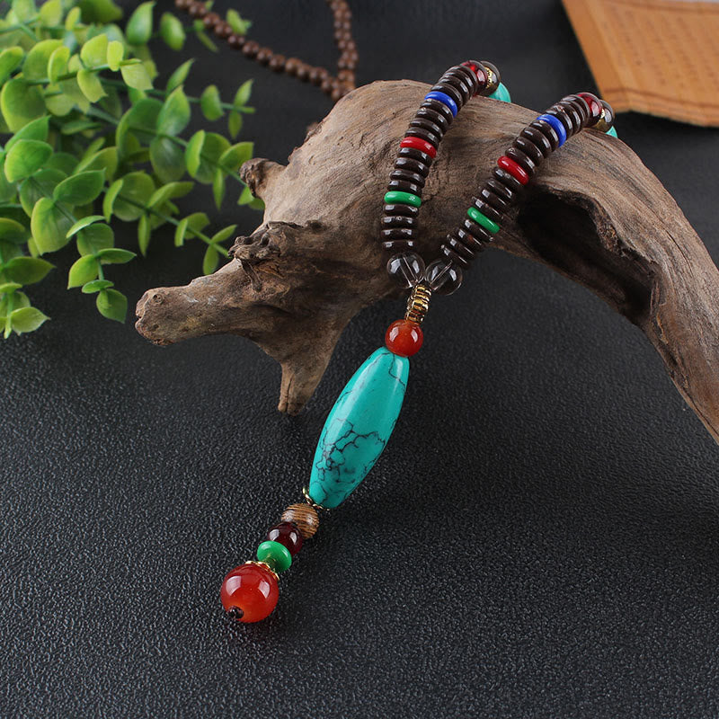 Buddha Stones Wenge Wood Turquoise Stone Protection Calm Necklace Pendant