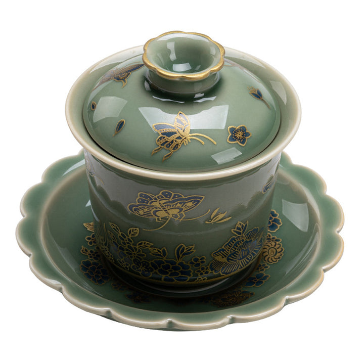 Buddha Stones Green Porcelain Butterfly Flower Salmon Fish Ceramic Gaiwan Sancai Teacup Kung Fu Tea Cup And Saucer With Lid