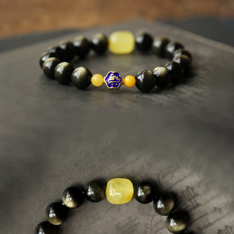 Buddha Stones 925 Sterling Silver Chinese Zodiac Natal Buddha Natural Gold Sheen Obsidian Amber Wealth Protection Bracelet