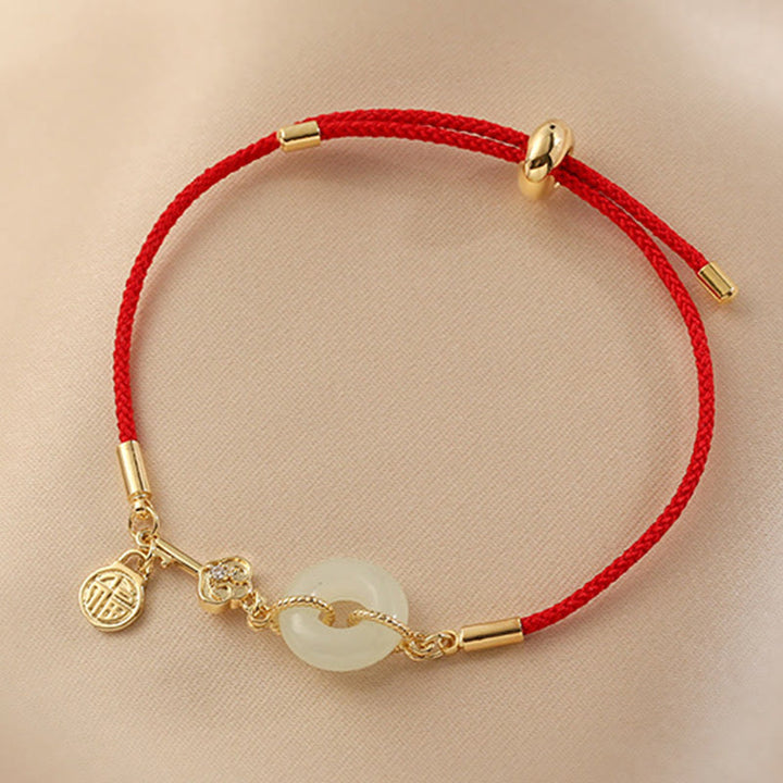 Buddha Stones 18K Gold Plated Hetian Jade Peace Buckle Fu Character Luck Red Rope Bracelet