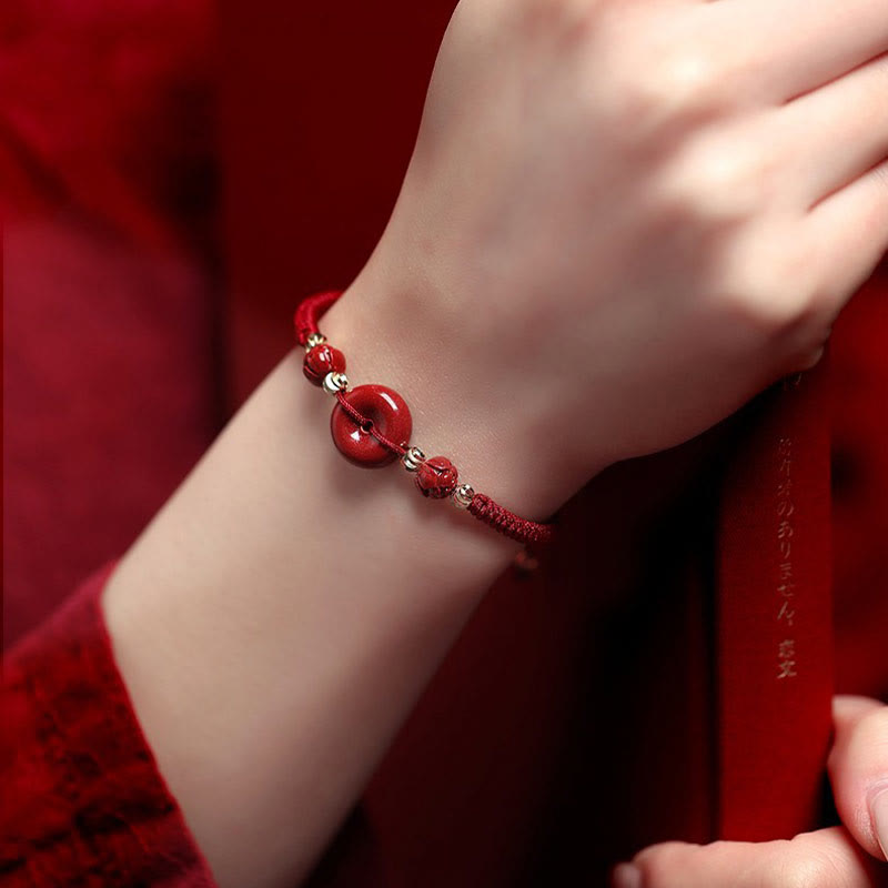 Buddha Stones Handmade Lotus Cinnabar Peace Buckle Blessing Braid Bracelet