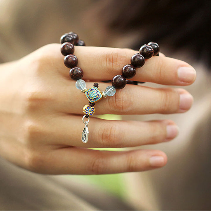 Buddha Stones 925 Sterling Silver Indian Small Leaf Red Sandalwood Aquamarine Full of Gold Star Chinese Knotting Blessing Bracelet