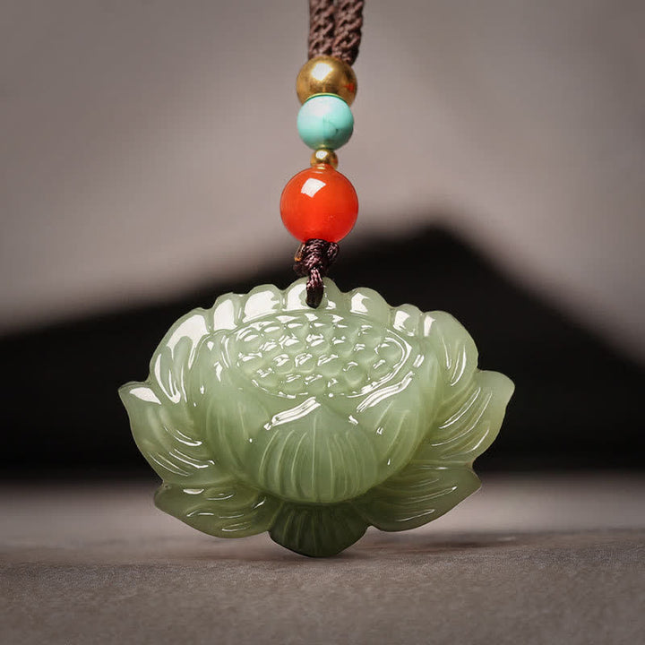 Buddha Stones Hetian Cyan Jade Lotus Flower Success Necklace Pendant