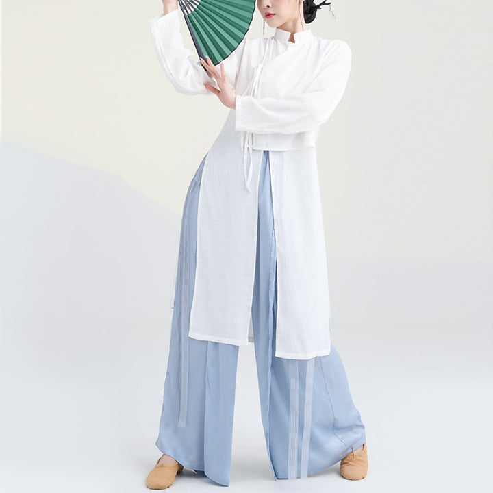 Buddha Stones 2Pcs Classical Dance Clothing Zen Tai Chi Meditation Clothing Cotton Top Pants Women's Set