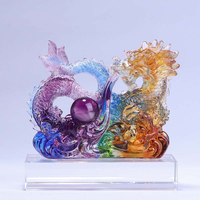 Buddha Stones Year of the Dragon Handmade Dragon Playing With Pearl Ingot Liuli Crystal Art Piece Protection Home Office Decoration