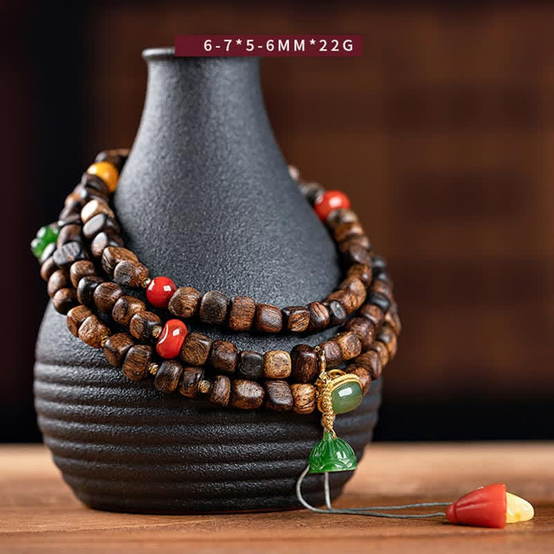 Buddha Stones 108 Mala Beads 925 Sterling Silver Brunei Agarwood Red Agate PiXiu Hetian Jade Peace Strength Bracelet