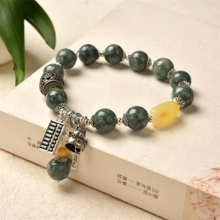 925 Sterling Silver Cyan Jade Amber Abacus Lucky Cat Success Bracelet