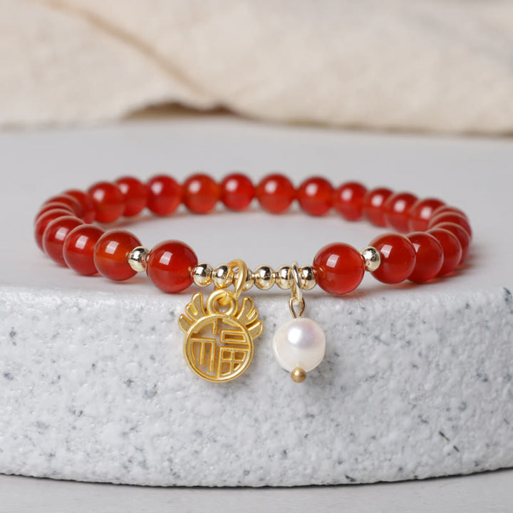 Buddha Stones Year of the Dragon Red Agate Jade Peace Buckle Fu Character Success Bracelet