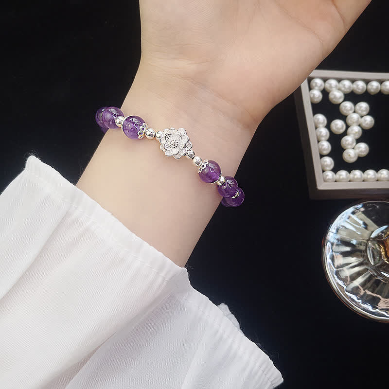 Buddha Stones 925 Sterling Silver Natural Amethyst Lotus Spiritual Bracelet