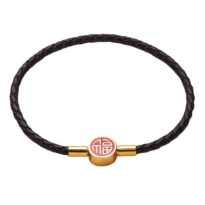 Buddha Stones Fu Character Blessing Fortune Leather Buckle Bracelet