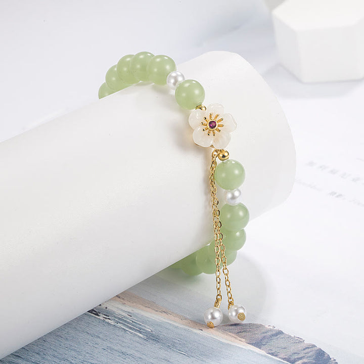 Buddha Stones Jade Peach Blossom Flower Pearl Luck Blessing Bracelet