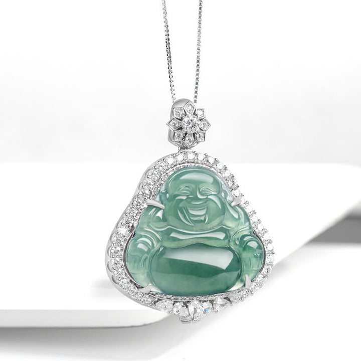 Buddha Stones 925 Sterling Silver Laughing Buddha Natural Jade Luck Abundance Chain Necklace Pendant