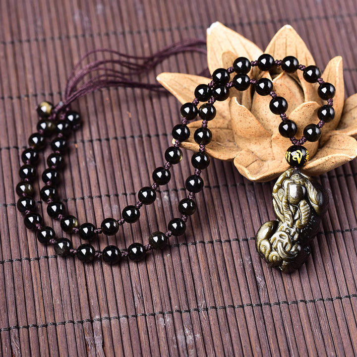 FengShui Gold Sheen Obsidian PiXiu Wealth Necklace