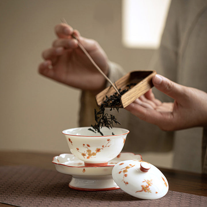 Buddha Stones White Porcelain Flowers Ceramic Gaiwan Sancai Teacup Kung Fu Tea Cup And Saucer With Lid