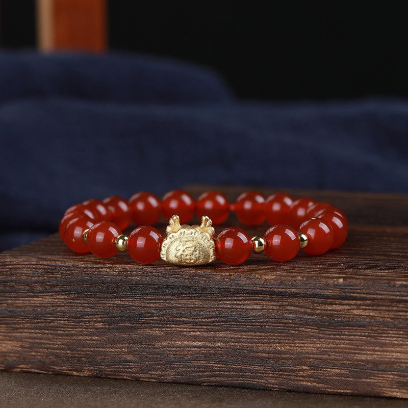 Buddha Stones Year Of The Dragon Red Agate Gray Agate Dumpling Luck Fu Character Bracelet