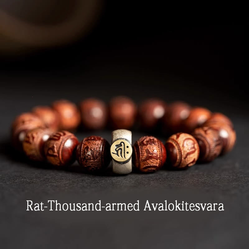 Buddha Stones Chinese Zodiac Natal Buddha Small Leaf Red Sandalwood Om Mani Padme Hum Protection Bracelet