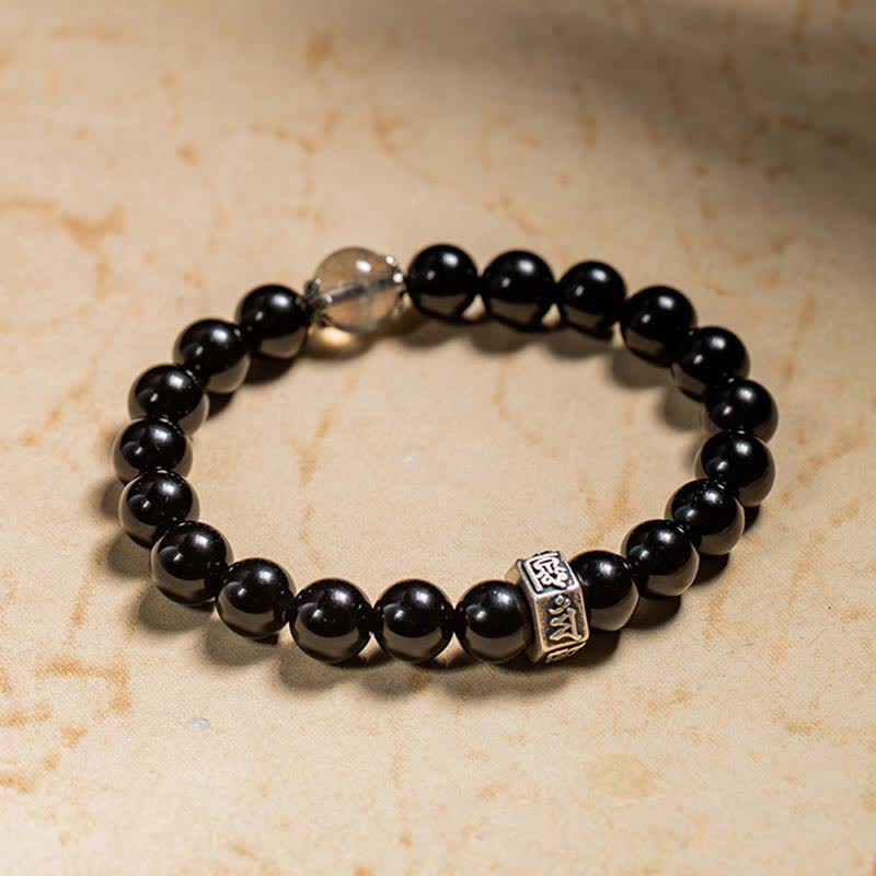 Chinese Zodiac Natal Buddha 925 Sterling Silver Black Obsidian Moonstone Strength Bracelet