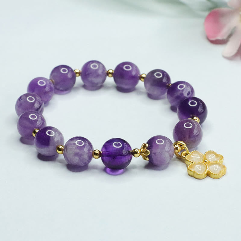 Buddha Stones Natural Amethyst Crystal Inner Peace Four Leaf Clover Charm Bracelet