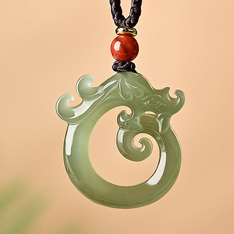 Buddha Stones White Jade Cyan Jade Dragon Protection Necklace String Pendant