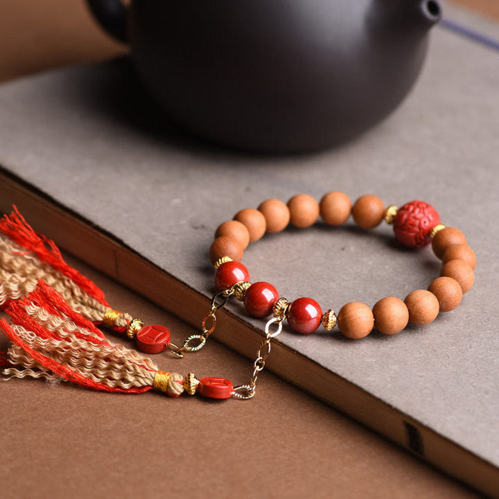 Buddha Stones Tibetan Natural Peach Wood Cinnabar PiXiu Wealth Tassels Bracelet