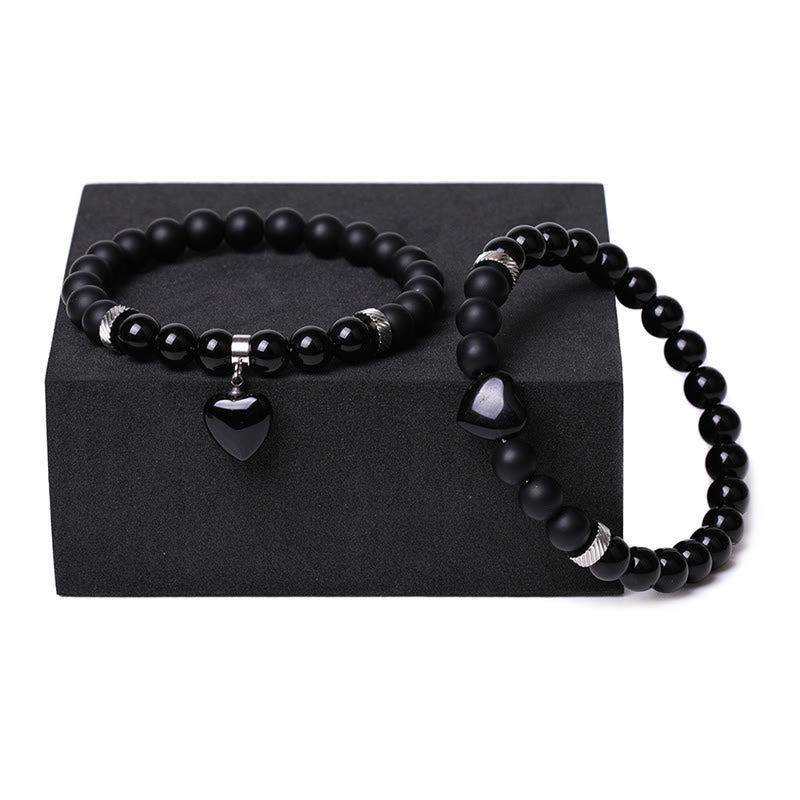 Buddha Stones 2Pcs Black Onyx Crystal Stone Love Heart Protection Support Couple Bracelet