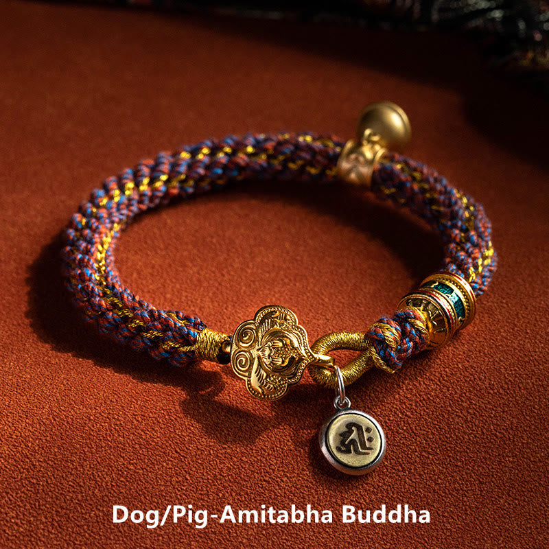 Buddha Stones 925 Sterling Silver Chinese Zodiac Natal Buddha Om Mani Padme Hum Luck Bell Braided String Bracelet