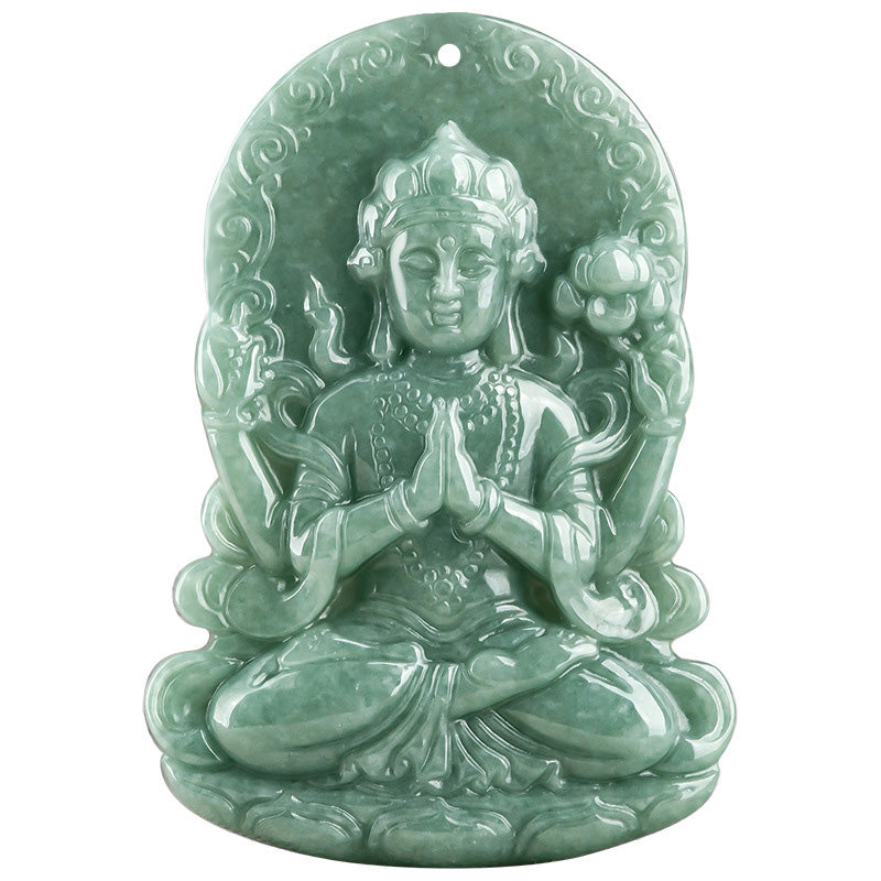 Four-armed Avalokitesvara Natural Jade Amulet Blessing String Necklace