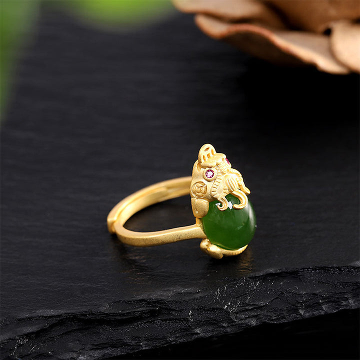 Buddha Stones 18k Gold-plated Pixiu Jade Wealth Ring