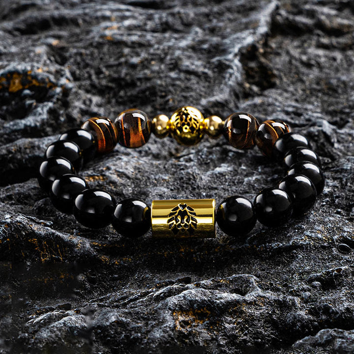 Buddha Stones Black Onyx Tiger Eye Bead Lion Engraved Protection Bracelet