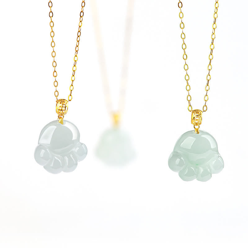 Buddha Stones 925 Sterling Silver 18K Gold Plated Natural Jade Cat Paw Pattern Luck Necklace Pendant