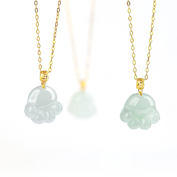 Buddha Stones 925 Sterling Silver 18K Gold Plated Natural Jade Cat Paw Pattern Luck Necklace Pendant