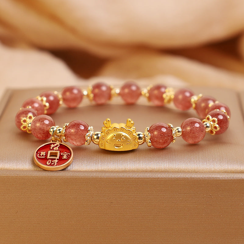 Buddha Stones Year of the Dragon Strawberry Quartz Copper Coin Attract Wealth Charm Bracelet