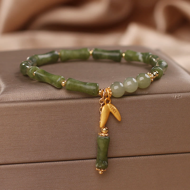 Buddha Stones Green Bamboo Jade Leaf Pattern Wealth Luck Bracelet