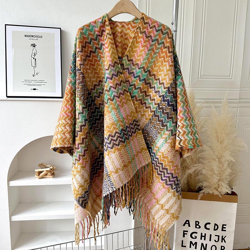 Buddha Stones Tibetan Shawl Colorful Wavy Striped Shapes Tassels Winter Cozy Travel Scarf Wrap