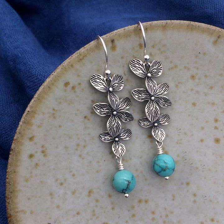 925 Sterling Silver Turquoise Lazurite Flower Leaf Serenity Protection Hook Drop Dangle Earrings