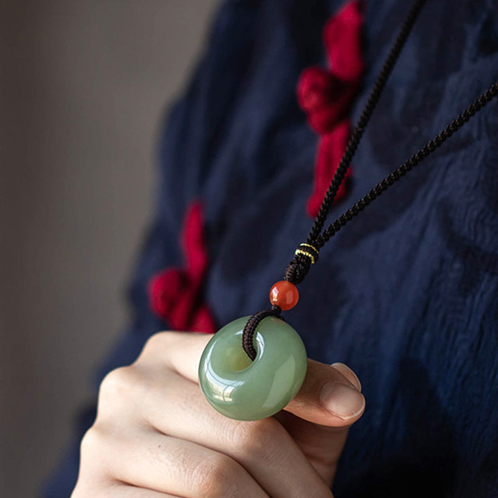 Natural Round Jade Gray Jade Peace Buckle Luck Necklace Pendant