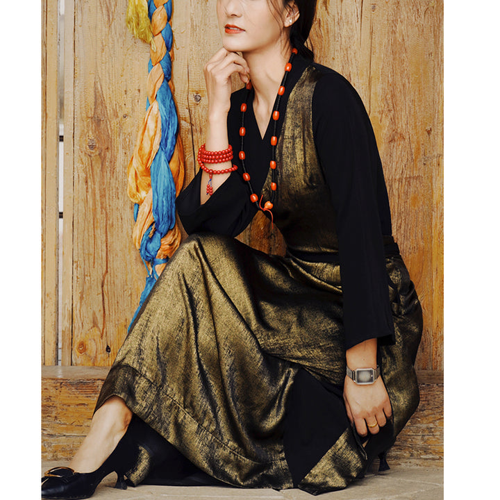 Buddha Stones Tibetan Dress Clothing Lhasa Gold Black Long Wrap Dress Maxi Dress Women Clothing