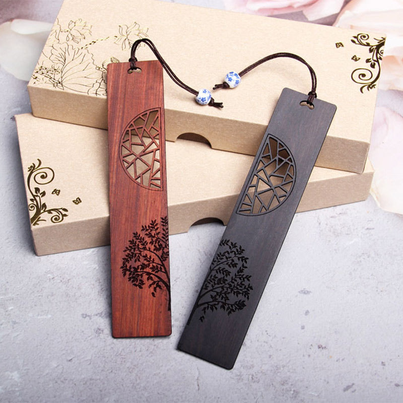 Buddha Stones The Tree of Life Ebony Wood Small Leaf Red Sandalwood Bookmarks With Gift Box