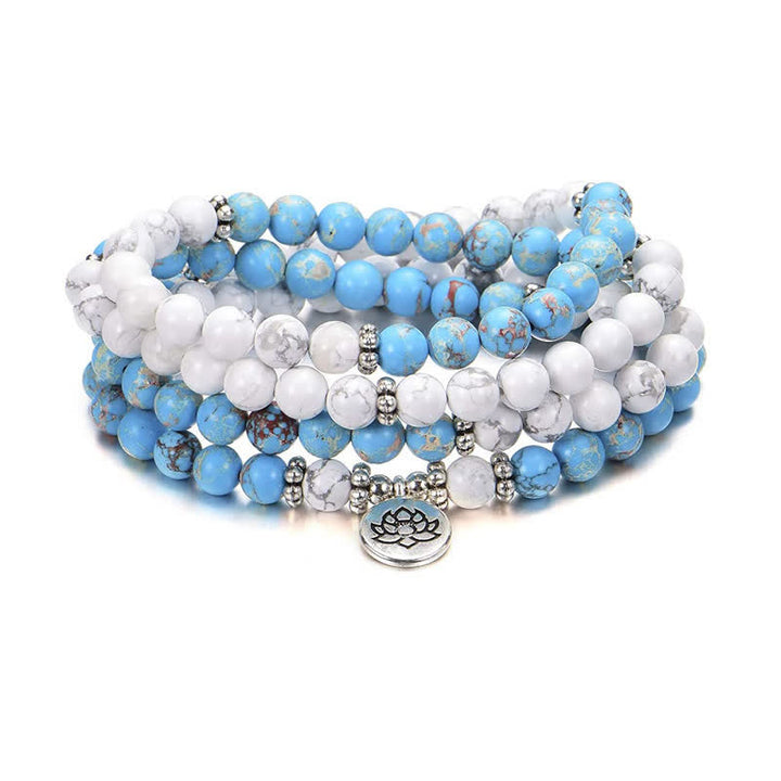 108 Mala Beads White Turquoise Emperor Stone Lotus Blessing Bracelet